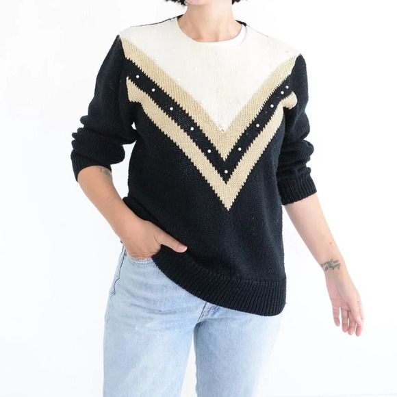 Braemar by Jeremy Scott Cream & Black w Pearls 7% Rabbit Hair Crewneck  Sweater - Picture 3 of 13